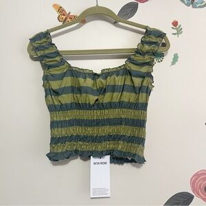 Rita Row Smocked Green and Gray Striped Blouse S NWT